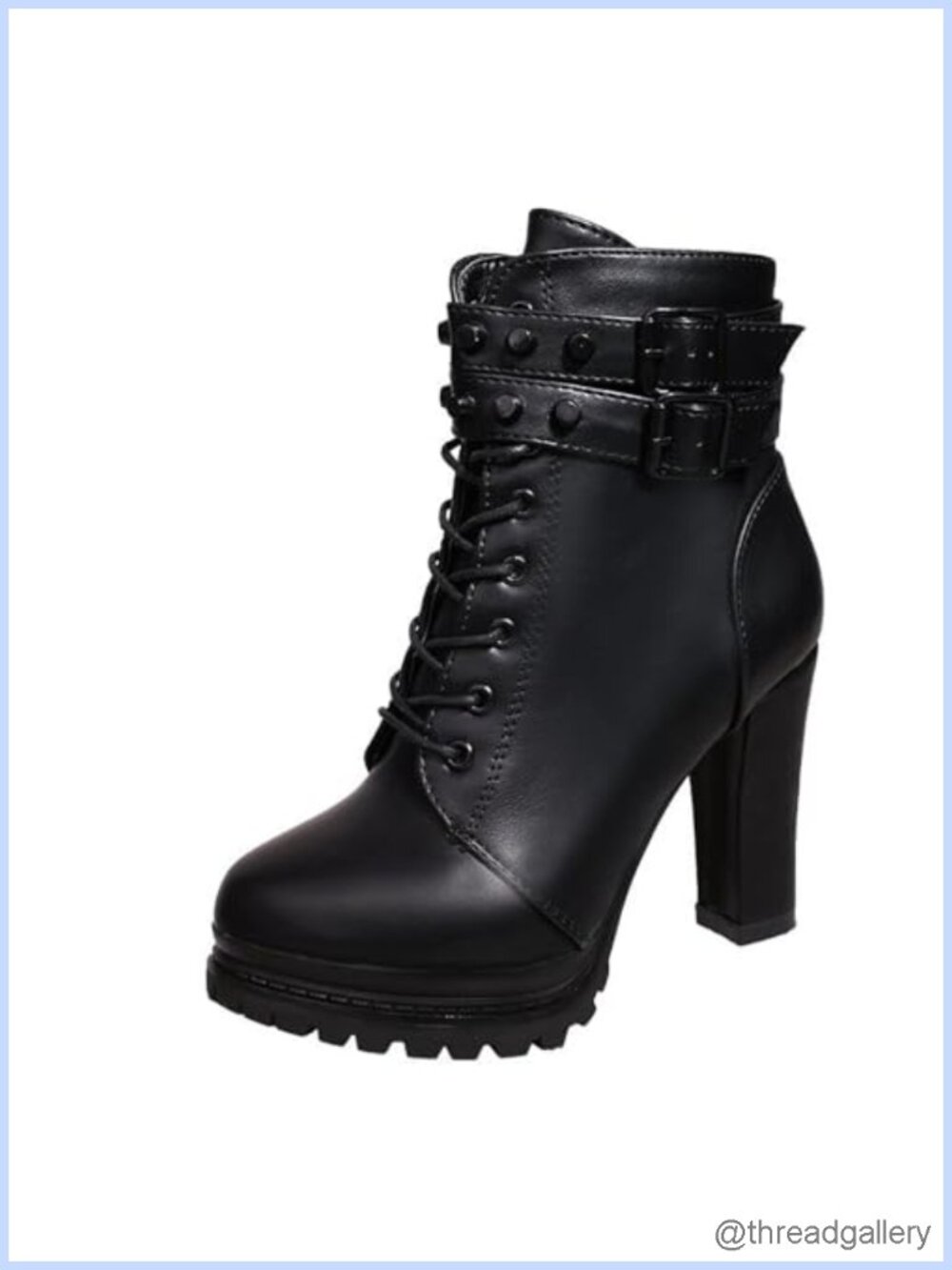 Faux Leather Studded Ankle Boots Chunky Block Heel Side Zipper